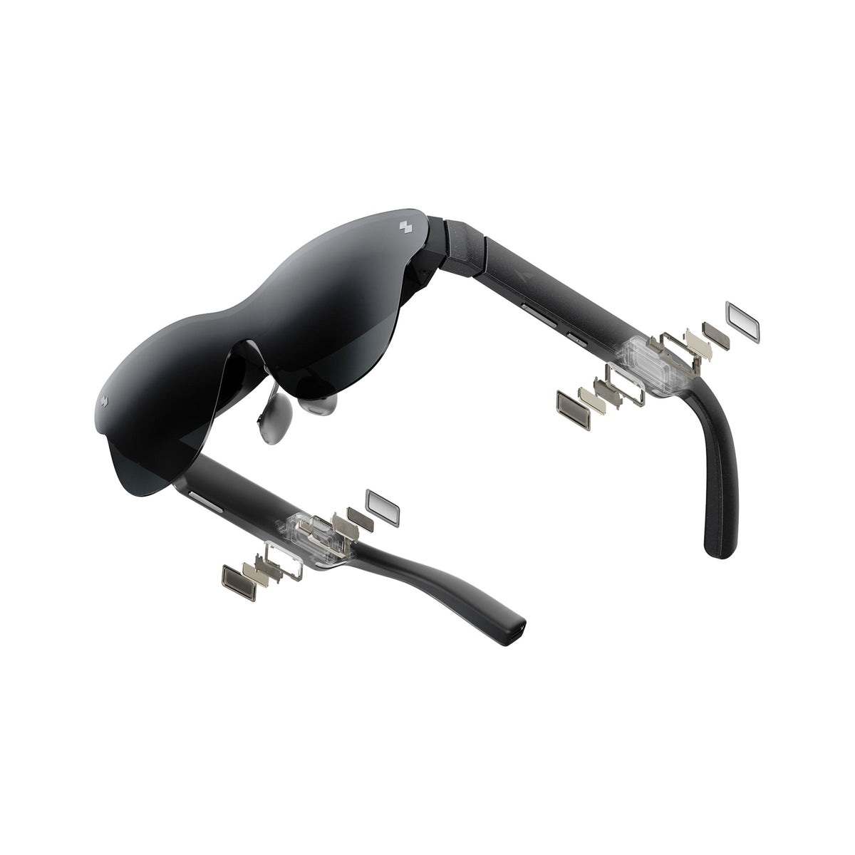 Black RayNeo Air 4 Pro smart glasses on a white background with components showing.