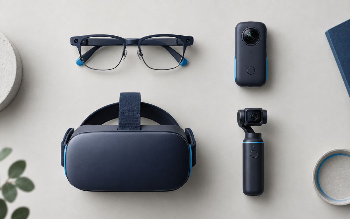 Smart glasses, a 360 camera, a VR headset and a gimbal camera arranged on a light surface