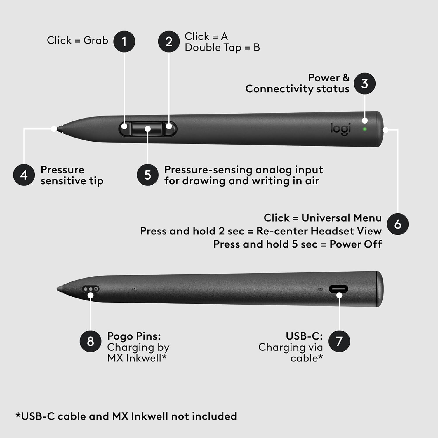 Logitech MX Ink Mixed-Reality (MR) Stylus, Wireless Pen Controller, high Precision and Pressure Sensitive, Transforming Ideas in MR from 2D to 3D, for Meta Quest 2, Meta Quest 3, Meta Quest 3S