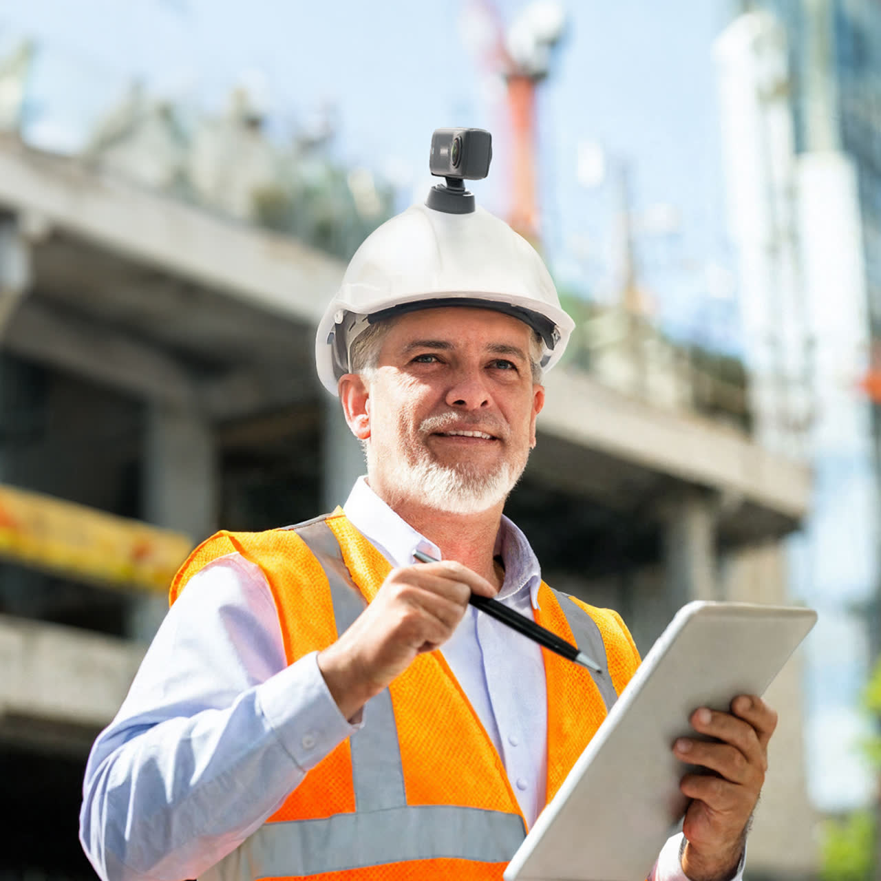 Insta360 Hard Hat Camera Mount in use on site
