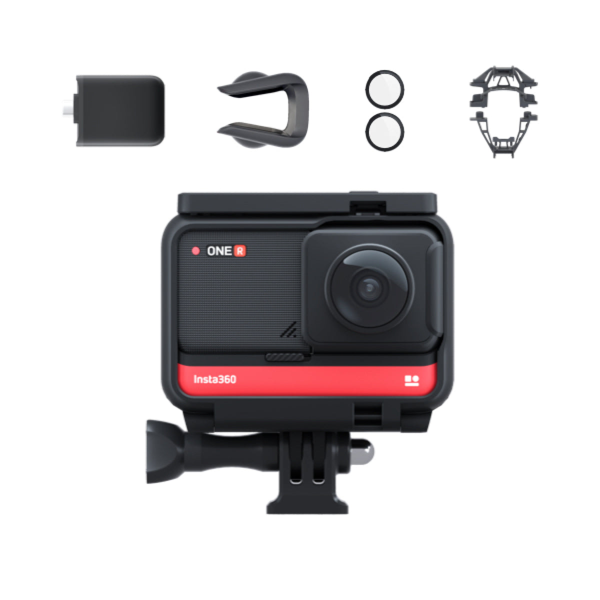Insta360 ONE R Split-Lens 360 Mod drone mount components and camera setup
