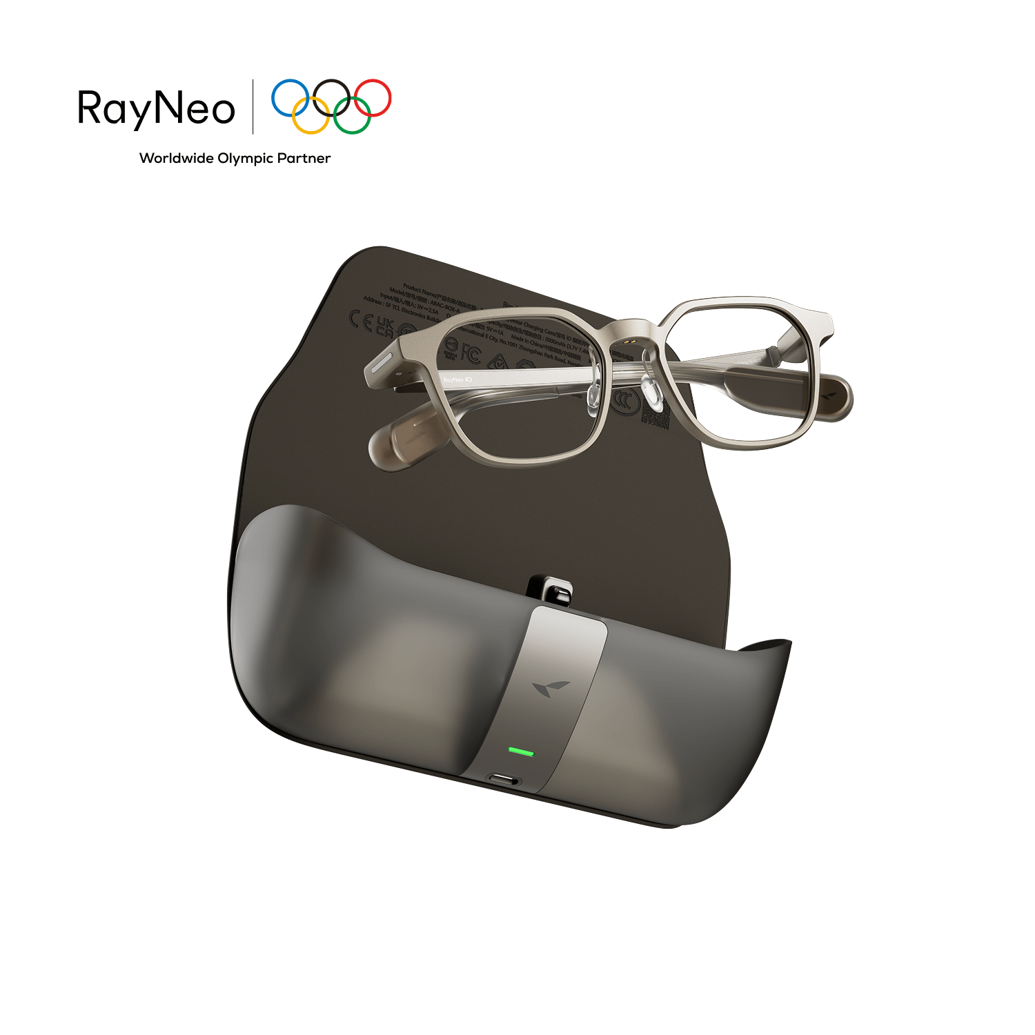 RayNeo iO AI Glasses Dune Gold charging case bundle